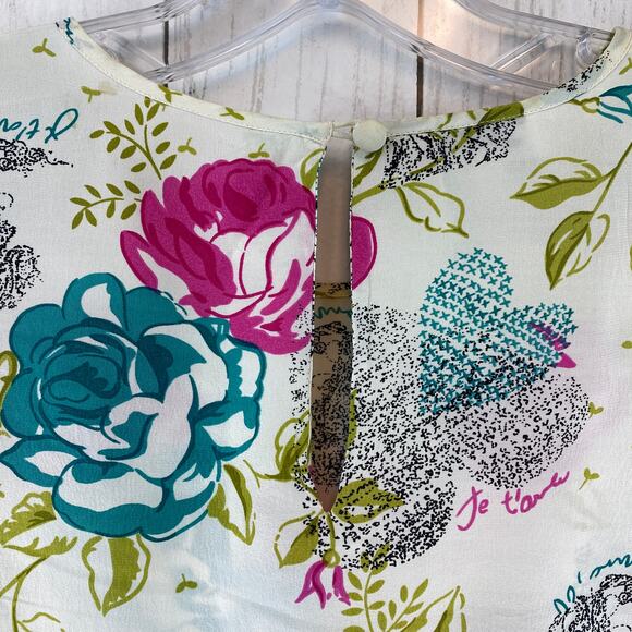 VTG Clio Pink Teal Rose Floral Printed 100% Silk Short Sleeve Blouse Size Medium - Picture 8 of 10
